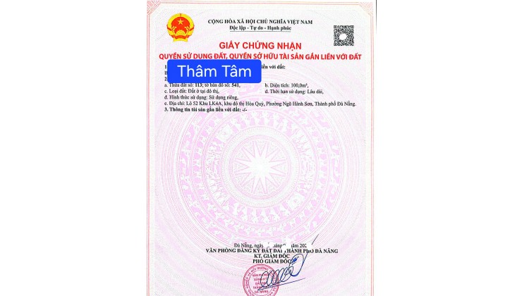 BÁN ĐẤT MT ĐƯỜNG THÂM TÂM - SÁT TRỤC MINH MẠNG